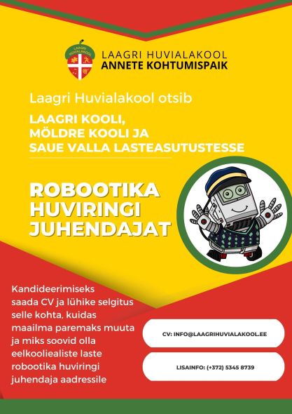 Read more about the article Laagri Huvialakool otsib Laagri Kooli, Möldre Kooli ja Saue valla lasteasutustesse ROBOOTIKA huviringi juhendajat